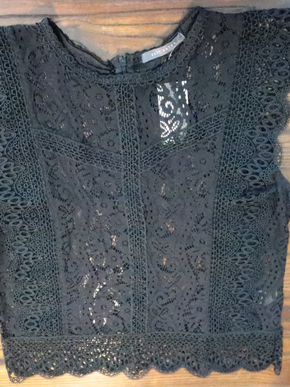 Suzy Shier Lace & Ruffle Sheer Top